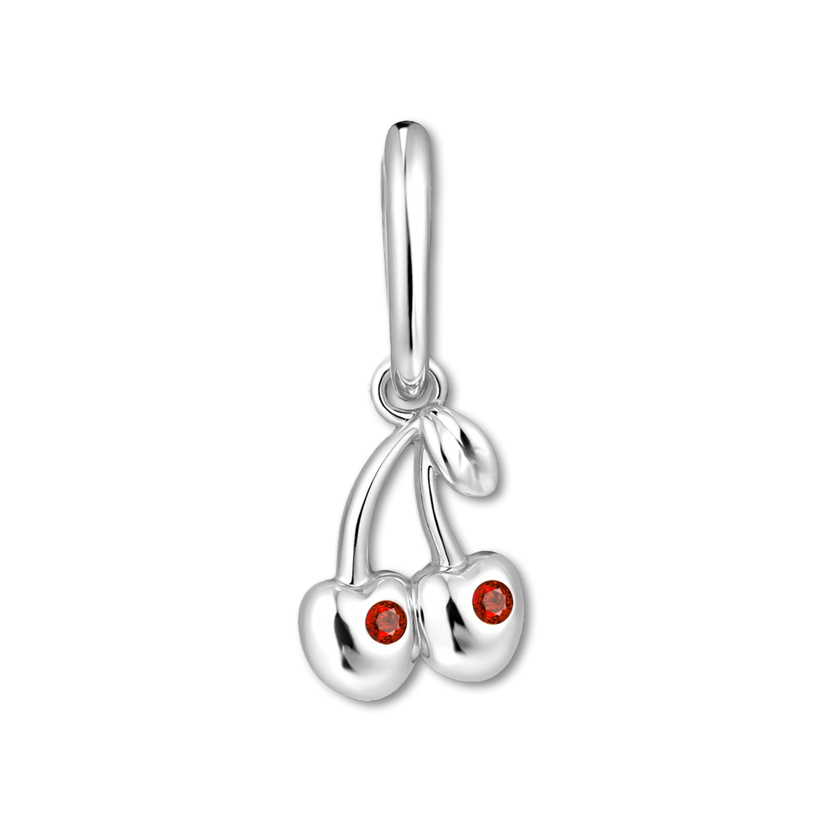Silver cherry pendant with red gemstones on a white background