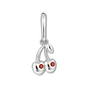 Silver cherry pendant with red gemstones on a white background