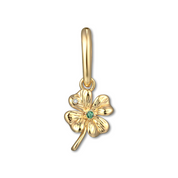 Gold four-leaf clover pendant with a green gemstone on a white background