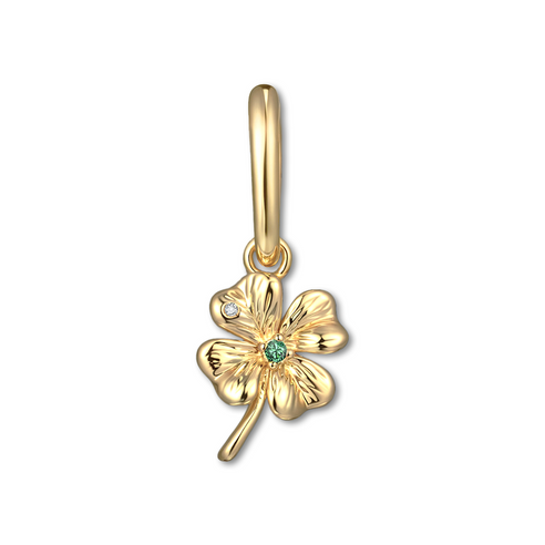 Gold four-leaf clover pendant with a green gemstone on a white background