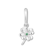 Silver four-leaf clover charm with a green gemstone on a white background