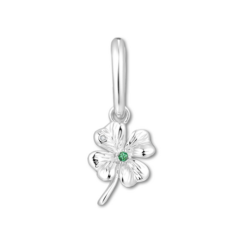 Silver four-leaf clover charm with a green gemstone on a white background
