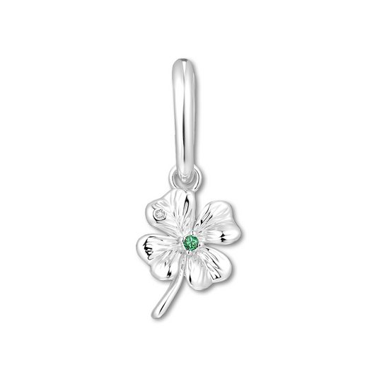 Silver four-leaf clover charm with a green gemstone on a white background