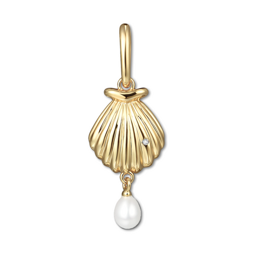 Gold shell pendant with a white pearl on a white background