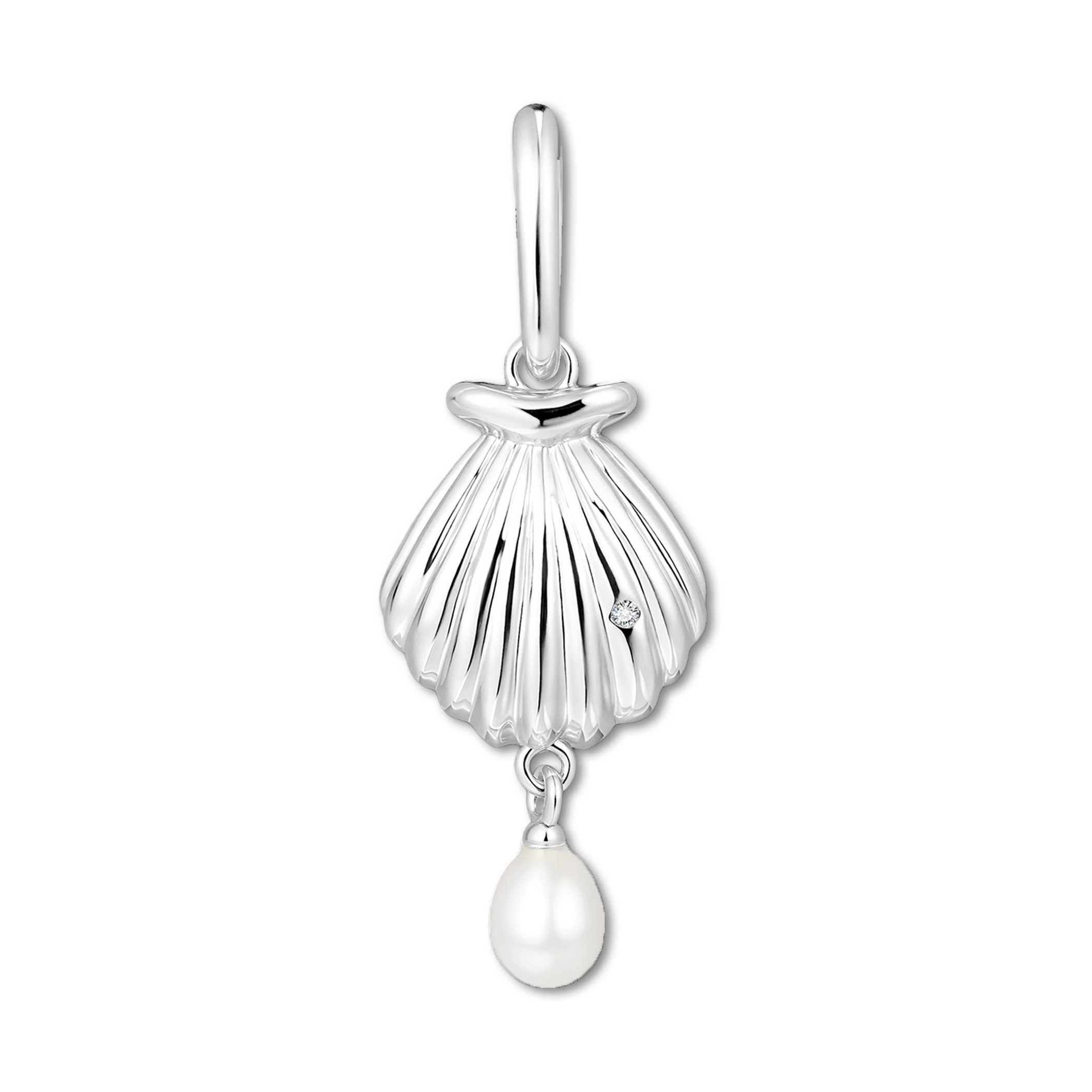 Silver shell pendant with a pearl on a white background