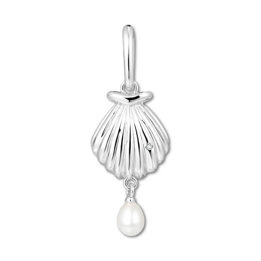 Silver shell pendant with a pearl on a white background